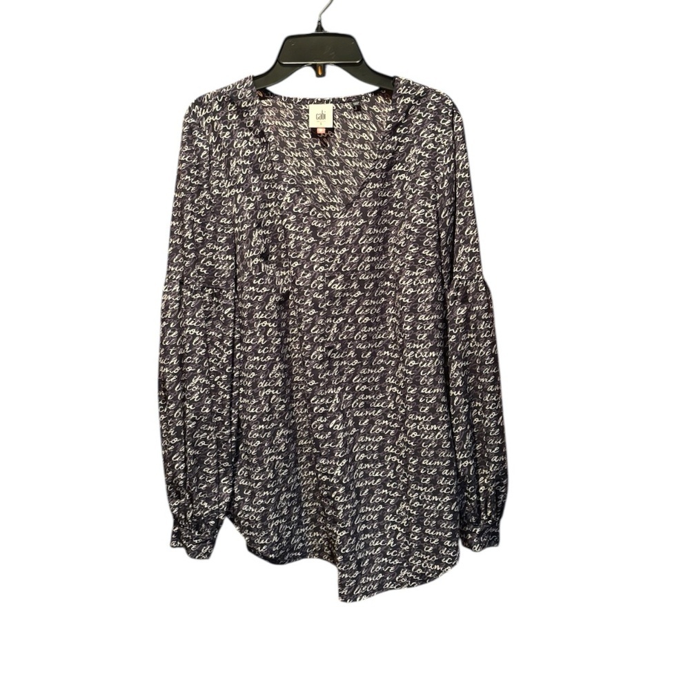 Cabi Women's Te Amo "Love" Script Blouse Navy White Small